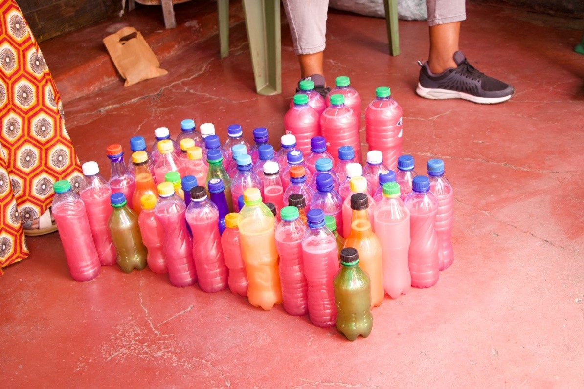 Packaged liquid soap ready for free distribution in Maringo area, Nairobi.