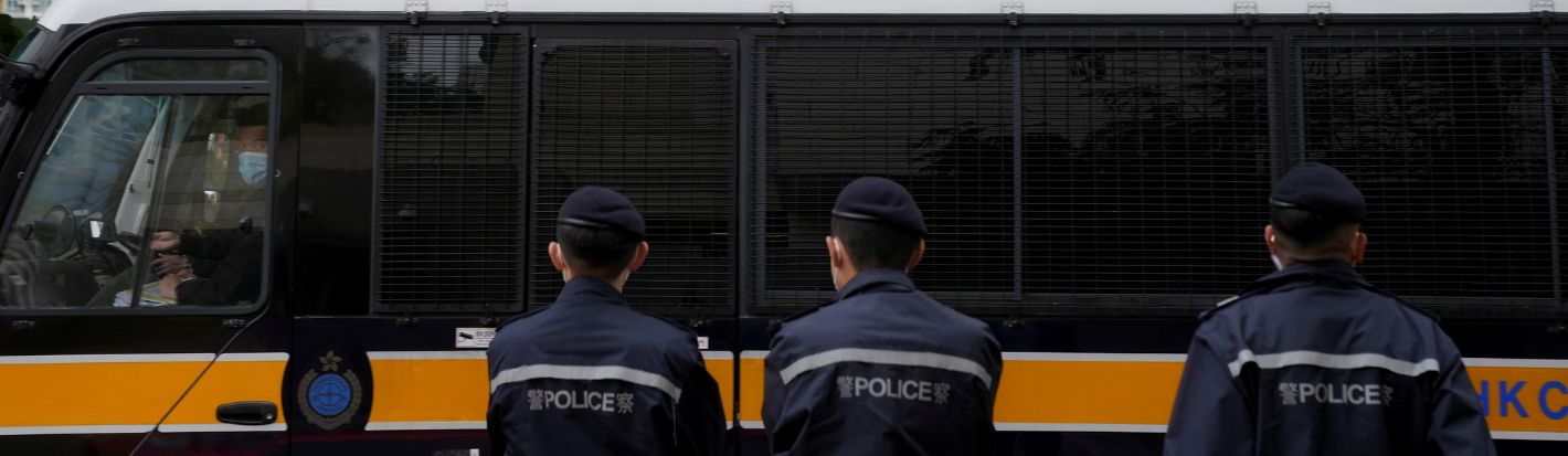 A prison van arrives at West Kowloon Magistrates' Courts building, as the hearing for the 47 pro-democracy activists, charged with conspiracy to commit subversion under the national security law, continues, in Hong Kong, China February 4, 2022. © Reuters