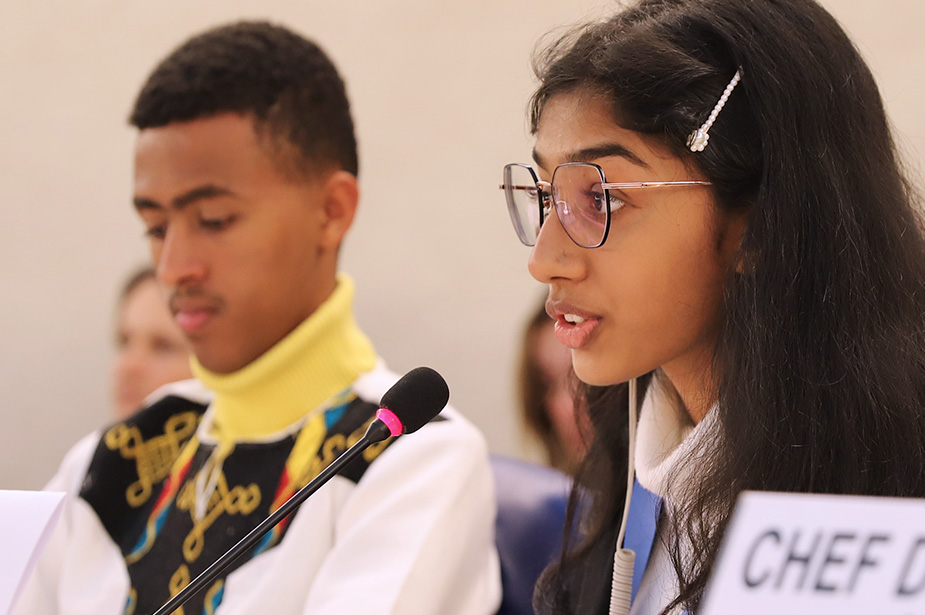 Youth advocates, left to right, Kidus from Ethiopia and Nidhi from India participated in a panel on the rights of the child and the digital space in Geneva, Switzerland. Photo Credit: ©OHCHR