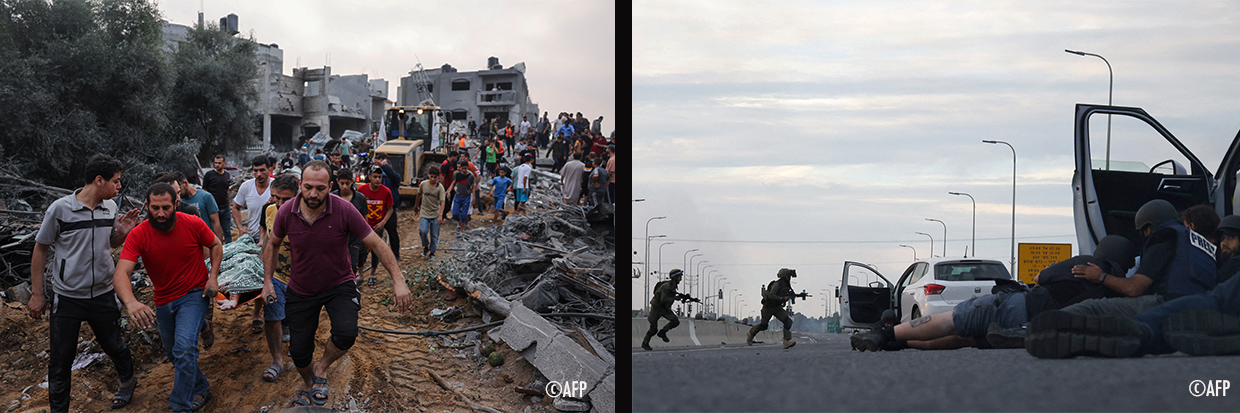 On the left: Palestinians transport the body of a victim from the rubble after Israeli strikes in Rafah in the southern Gaza Strip on October 23, 2023, amid ongoing battles between Israel and the Palestinian Hamas group. © MOHAMMED ABED / AFP - On the right: Journalists take cover behind cars as Israeli soldiers take position during clashes with Palestinian fighters near the Gevim Kibbutz, close to the border with Gaza on October 7, 2023. © Oren ZIV / AFP