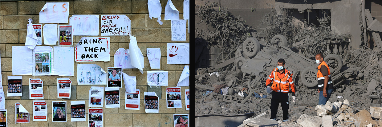 Images d'otages israéliens enlevés par le groupe militant palestinien Hamas la semaine dernière lors d'une attaque surprise en Israël sont placardées sur un mur lors d'un rassemblement devant le ministère de la Défense à Tel Aviv le 16 octobre 2023. © AHMAD GHARABLI / AFP