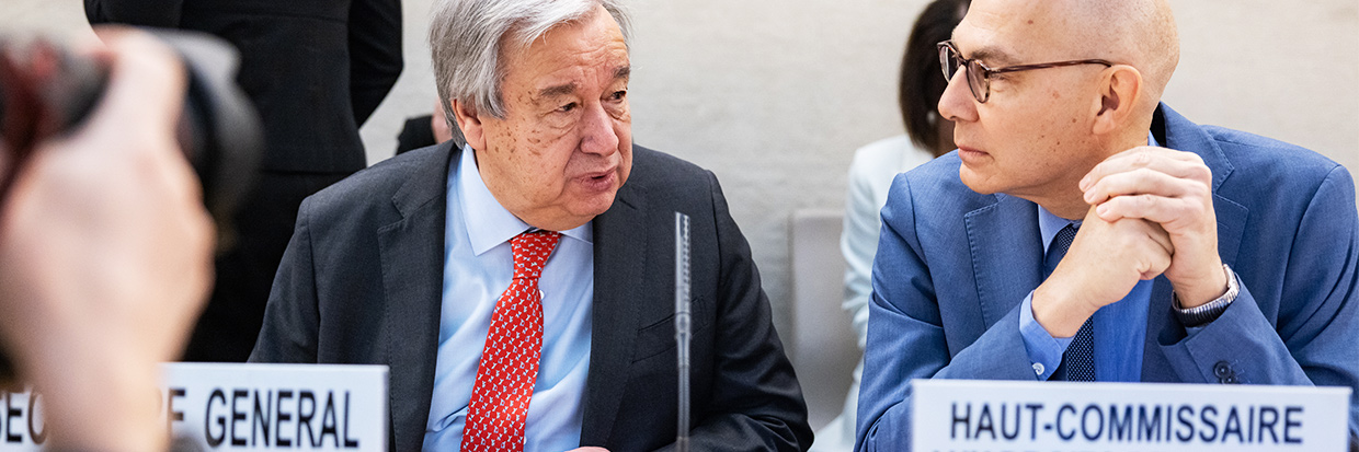 UN Secretary-General Guterres and High Commissioner Türk confer at the Human Rights Council  © OHCHR