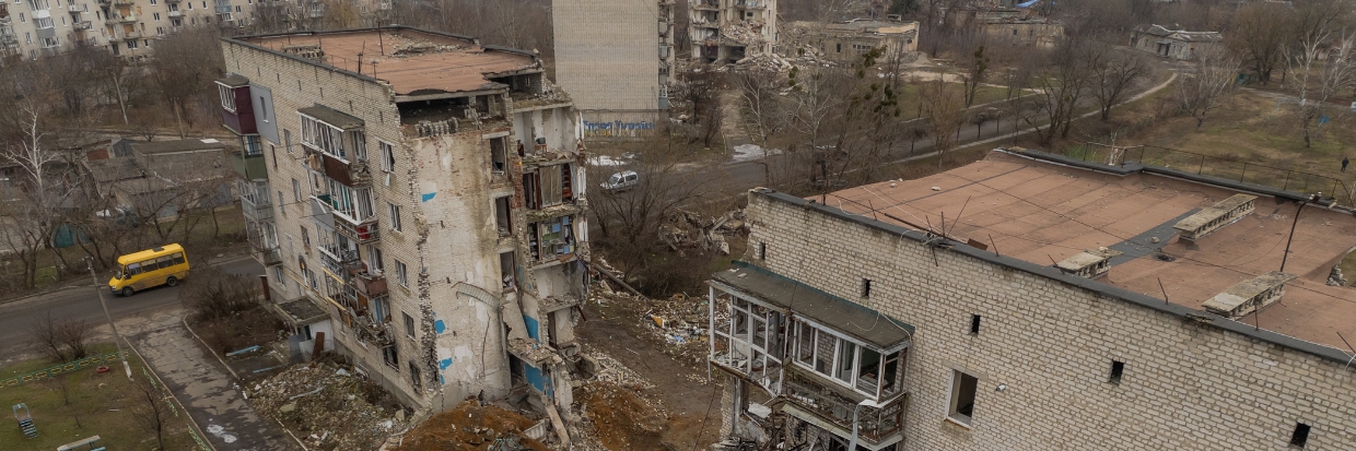 This aerial photograph taken on February 1, 2024, shows residential buildings destroyed by shelling in Izyum, Kharkiv region, amid the Russian invasion of Ukraine (Photo by Roman PILIPEY / AFP) 