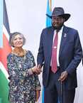 Commissioner Yasmin Sooka with H.E. Salva Kiir Mayardit, the President of the Republic of South Sudan, after their formal meeting in Juba – February 2024  