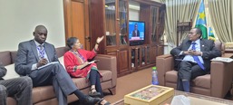 Members of the Commission – Yasmin Sooka, Barney Afako, and Carlos Castresana Fernández engage in discussions with Hon. Minister of Foreign Affairs and International Cooperation, Dr. James Pitia Morgan, in Juba - February 2024