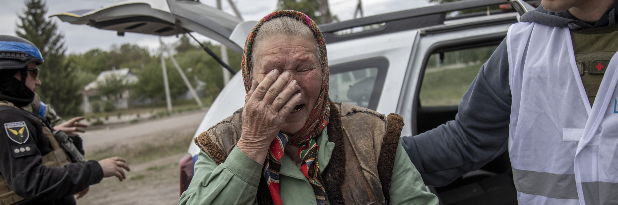 An elderly reacts during evacation from the Vovchansk city as the Russia-Ukraine war continues in Kharkiv region, Ukraine on May 15, 2024 Credit: Reuters Connect