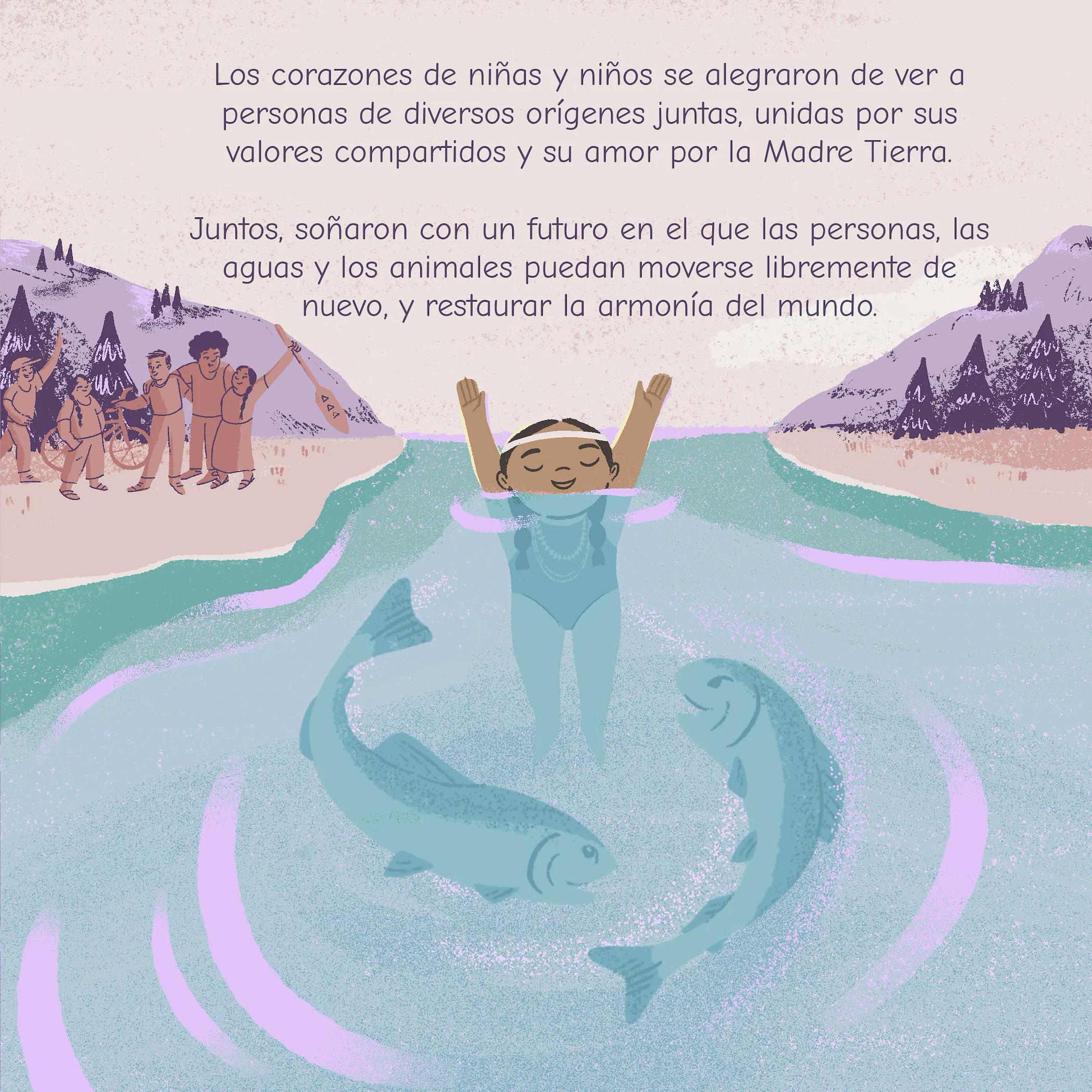 Los corazones de niñas y niños se alegraron de ver a personas de diversos orígenes juntas, unidas por sus valores compartidos y su amor por la Madre Tierra.  Juntos, soñaron con un futuro en el que las personas, las aguas y los animales puedan moverse libremente de nuevo, y restaurar la armonía del mundo.