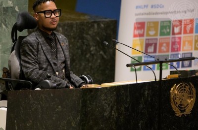 UN SDG advocate Eddie Ndopu addresses representatives during the High Level Political Forum.© UN Photo/Manuel Elias