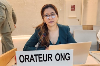 Wendy Flores, Nicaraguan human rights defender presenting report at the 55th session of the Human Rights Council. © Colectivo Nicaragua Nunca Más