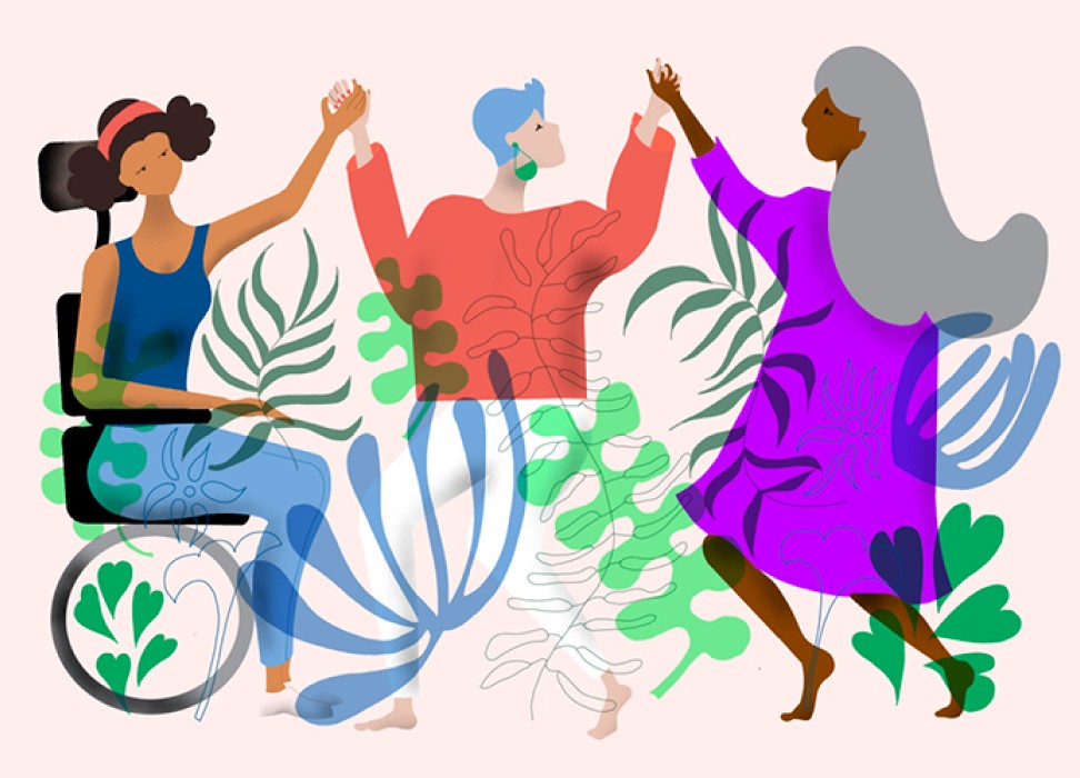 A digital illustration of three women of diverse ethnic and gender presenting backgrounds and disability, holding hands. Flora in neon green, olive green, neon purple and coral is overlaid. OHCHR/ALEXANDRA LINNIK