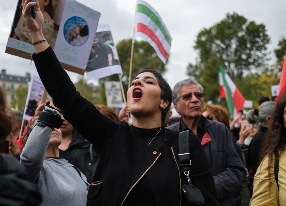 Una manifestación en apoyo al movimiento iraní Mujer, Vida y Libertad en París (Francia), el 2 de octubre de 2022. © Maylis Rolland / Hans Lucas a través de Reuters Connect