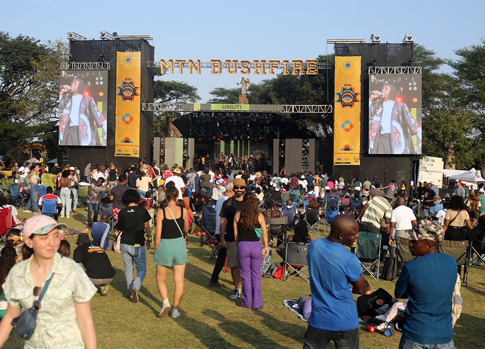 The stage is set and crowds gather in front of main stage of the MTN Bushfire Festival 2024 