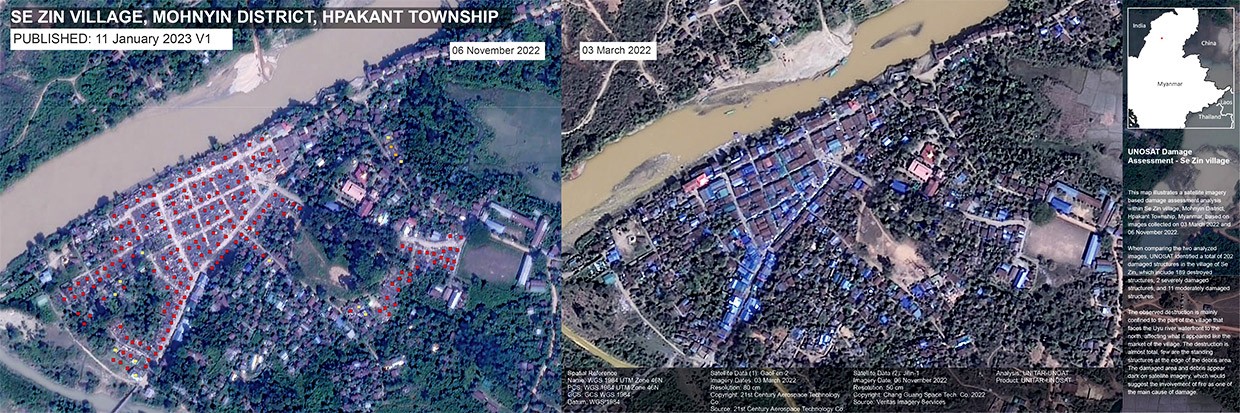 Sen Zin Village, Mohnyin District, Hpakant township © 21st Century Aerospace Technology for the right side and Chang Guang Space Tech for the left image. The analysis is attributed only to UNITAR-UNOSAT