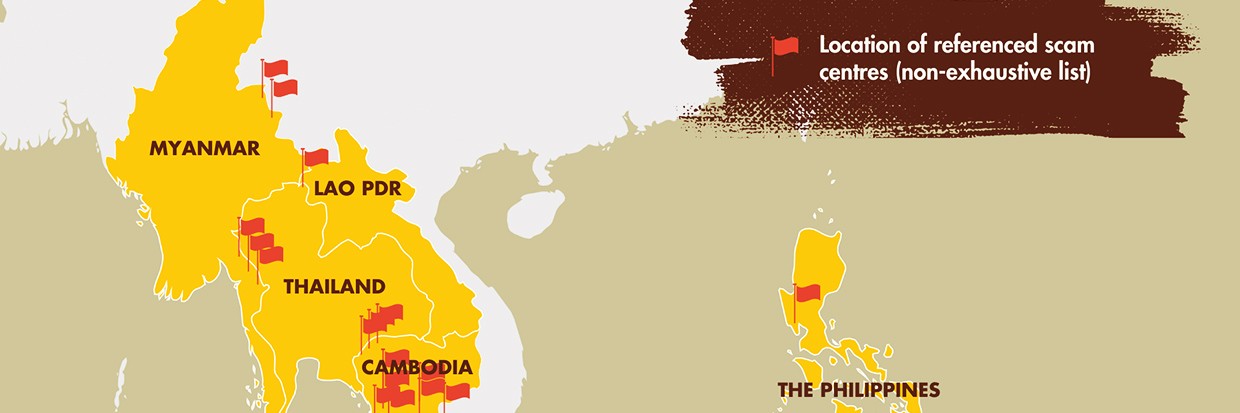 UN Human Rights report on online scam operations and trafficking into forced criminality in southeast Asia. A graphic illustration of a map showing the locations of scam centers. 