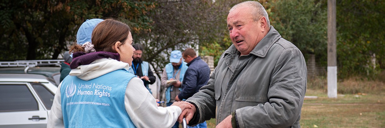 HRMMU at the site of the tragedy in the village of Hroza, Kharkiv region, Ukraine where a missile strike killed at least 59 civilians. © OHCHR Yevhen Nosenko 07.10.23.