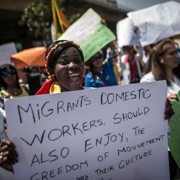 Women participating in a protest of migrant domestic workers, demanding better work conditions such as minimum wage, on Labour Day in Beirut, Lebanon, 01 May 2016. © EPA/Oliver Weiken